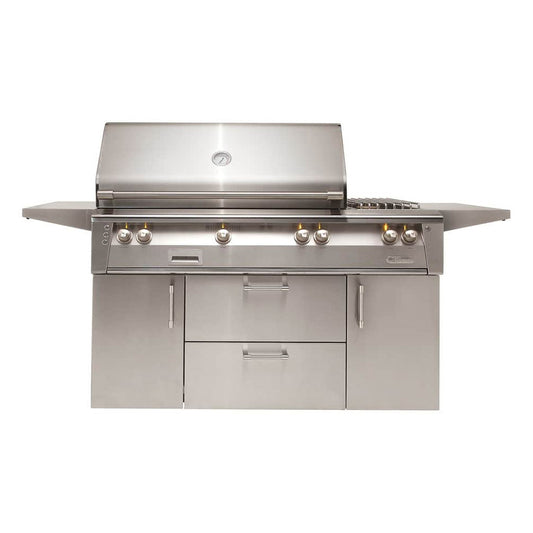 Alfresco ALXE 56" Deluxe Freestanding Cart Grill with 3 Burner, Smoker, and Rotisserie - Double Doors w/ Drawers