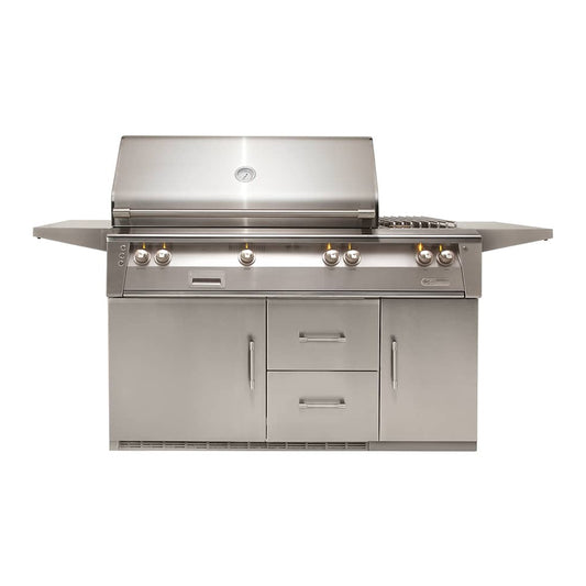 Alfresco ALXE 56" Deluxe Freestanding Refrigerated Cart Grill with 3 Burner, Smoker, and Rotisserie - 1 Door and 2 Drawers are Refrigerated