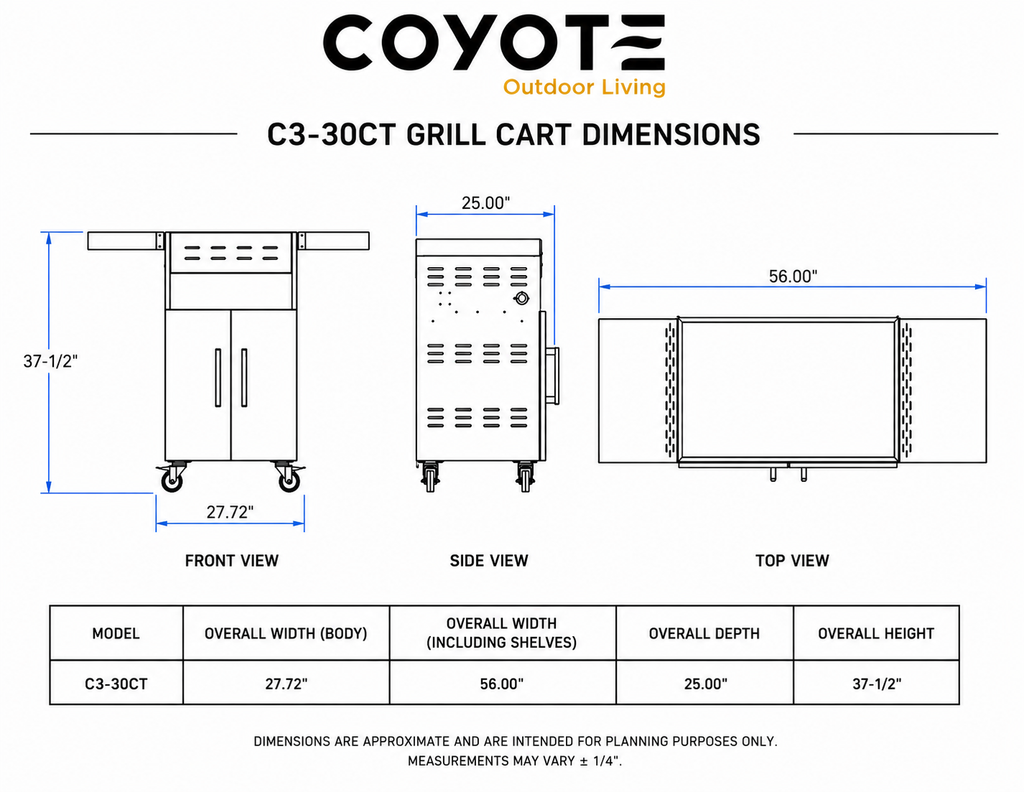 Coyote Cart for 30" C-Series & SL-Series Grills – dimensions