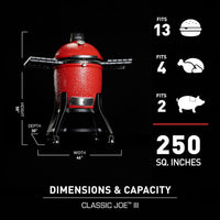 Kamado Joe® Classic Joe™ Series III 18-inch Charcoal Grill & Smoker, Red, with Cart, Side Shelves, Grill Gripper, and Ash Tool, 3 Tier Cooking System, Stainless Steel Cooking Grates, Model KJ15040921