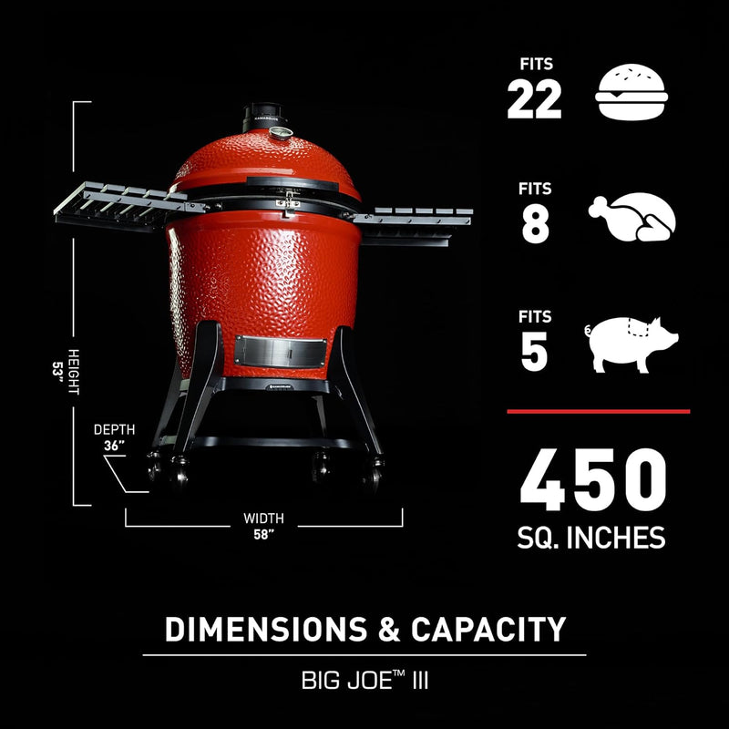 Kamado Joe Big Joe Series III 24-inch Ceramic Charcoal Grill and Smoker with Premium Cart, SloRoller Insert and 450 Cooking Square Inches in Red, Model KJ15041021