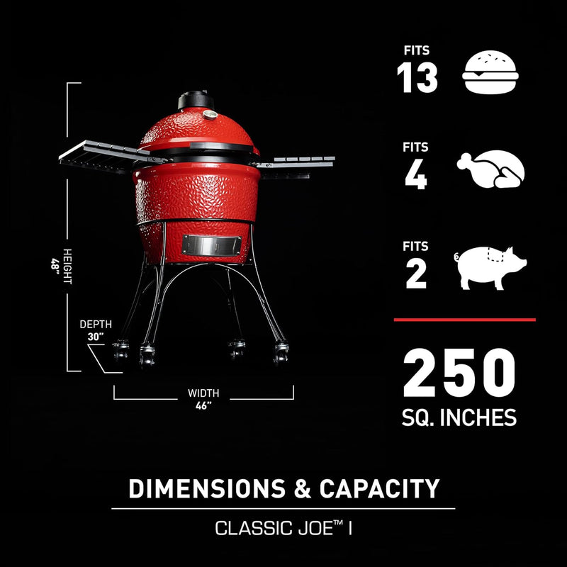 Kamado Joe® Classic Joe™ Series III 18-inch Charcoal Grill & Smoker, Red, with Cart, Side Shelves, Grill Gripper, and Ash Tool, 3 Tier Cooking System, Stainless Steel Cooking Grates, Model KJ15040921