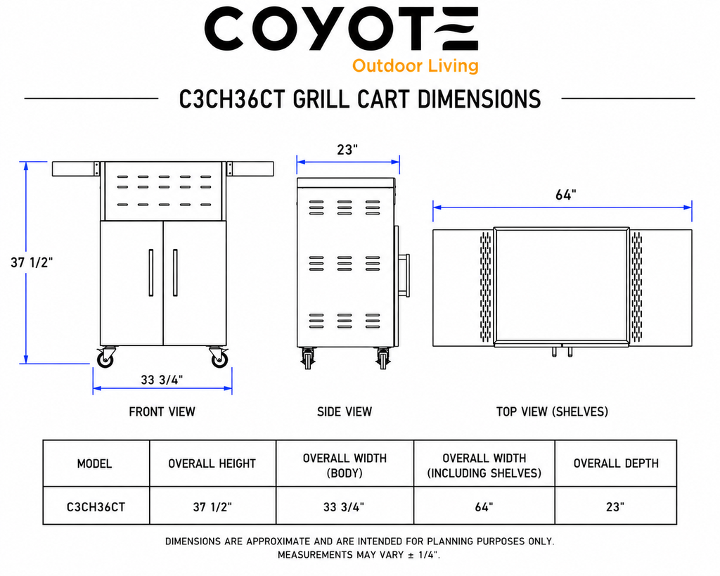 Coyote Cart for 36" Charcoal Grill – dimensions